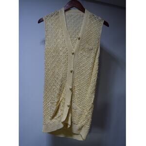 Butter Yellow Crochet Longline Vest Button Front Openwork Boho Pockets